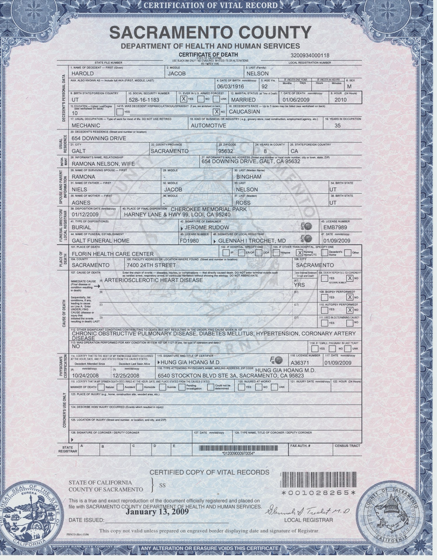 Harold J. Nelson's Death Certificate