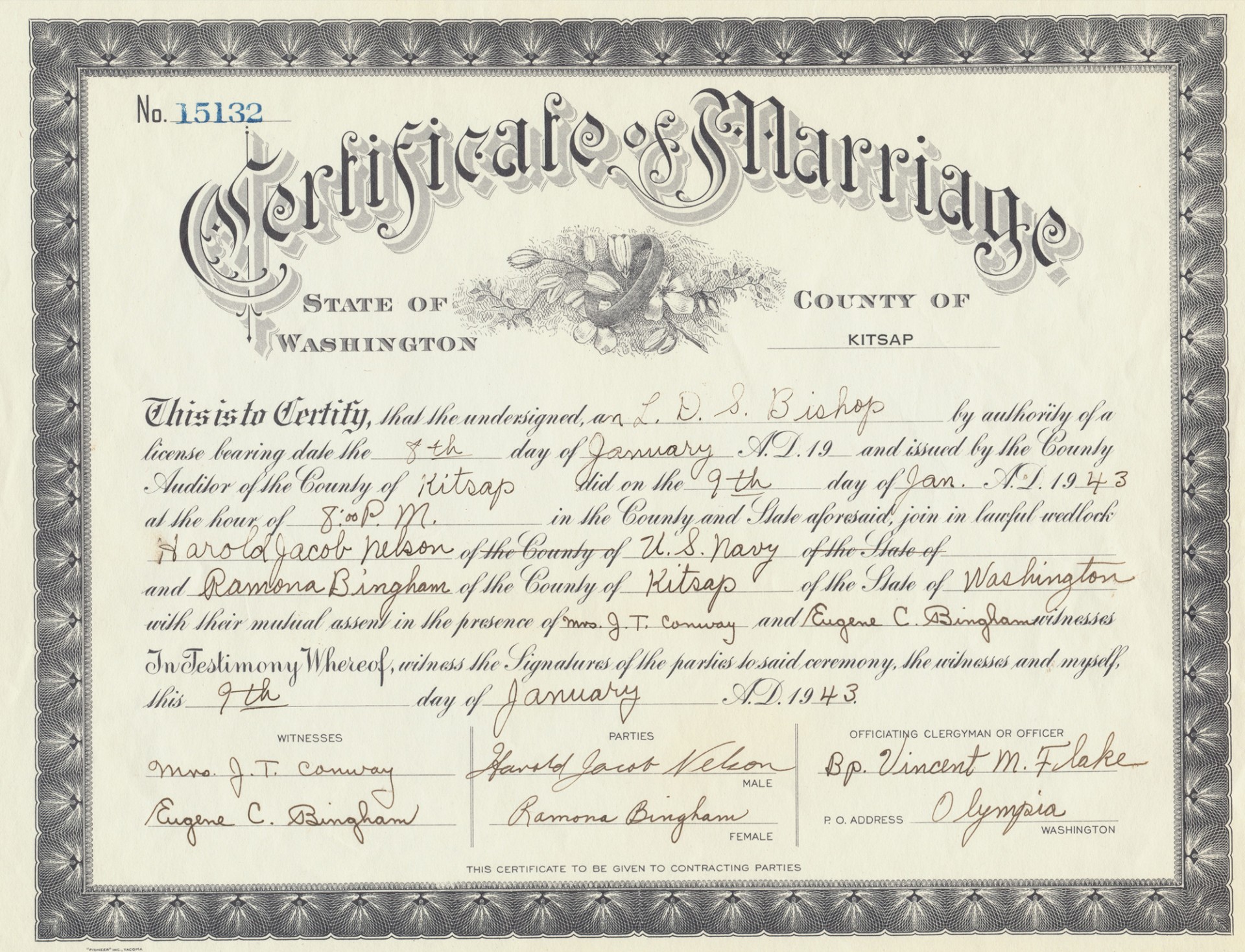 Harold and Ramona's Civil Marriage Certificate