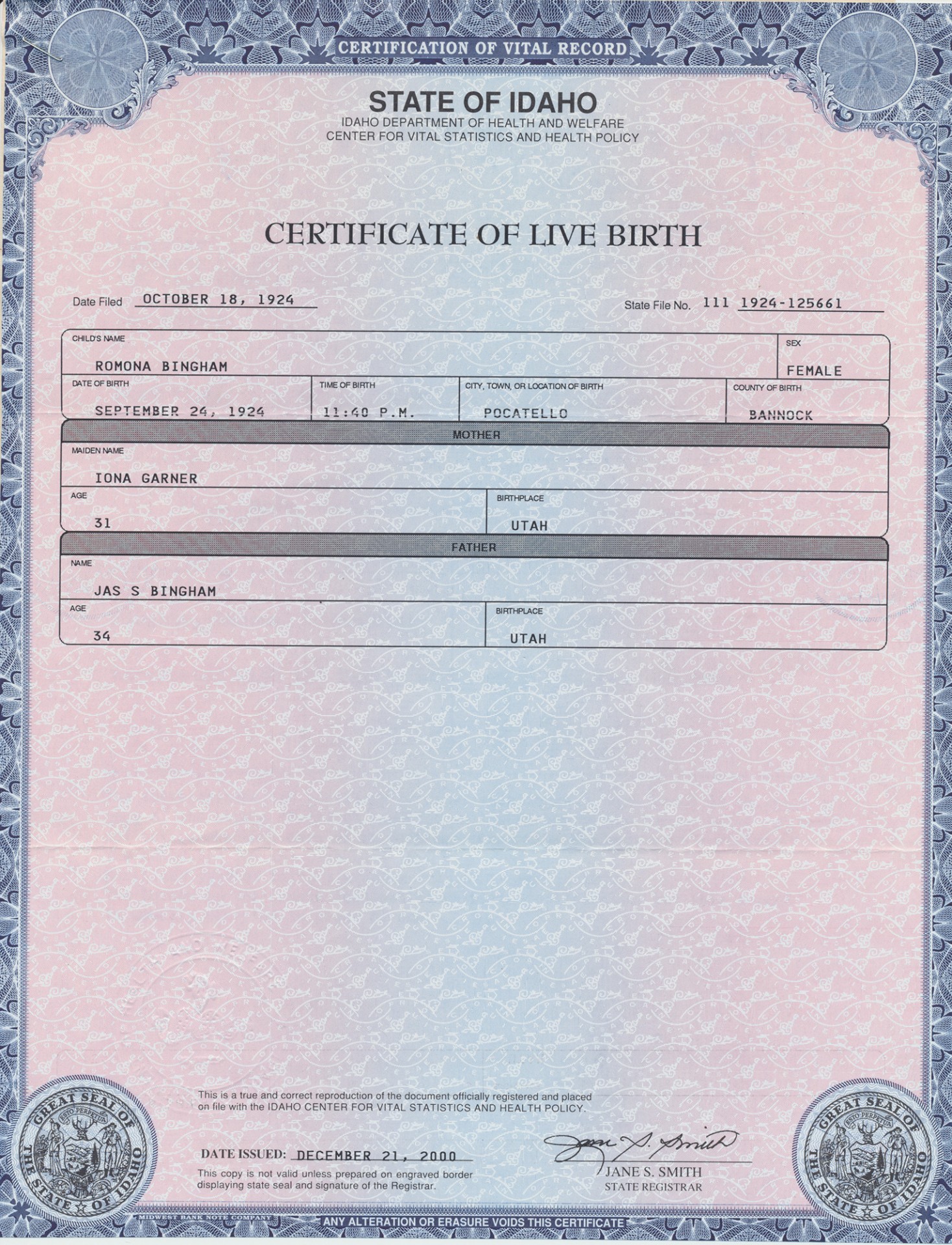 Ramona Bingham's Birth Certificate