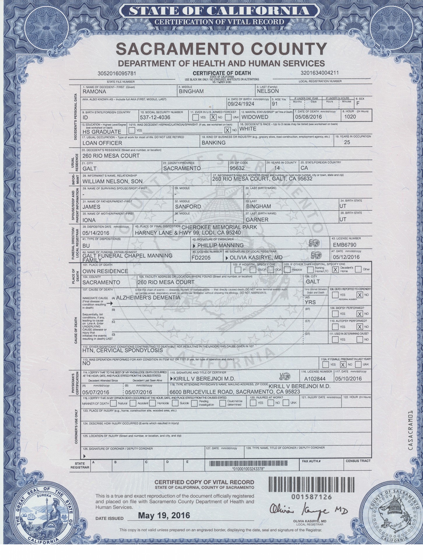 Ramona Bingham's Death Certificate | Bill Nelson Photography